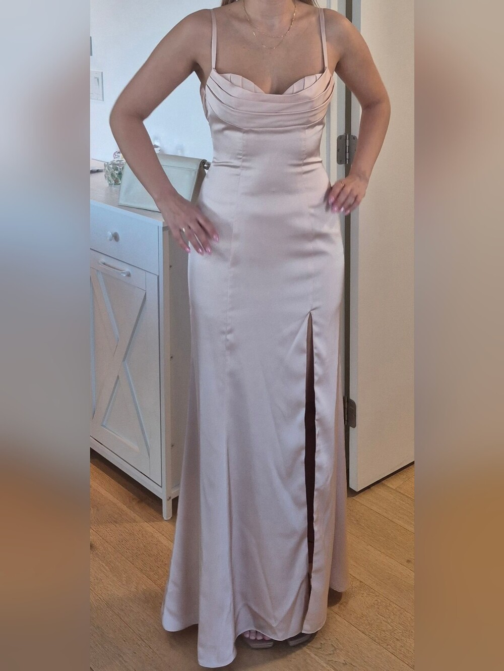Azazie Blush Pink Satin Maxi Dress with Front Slit